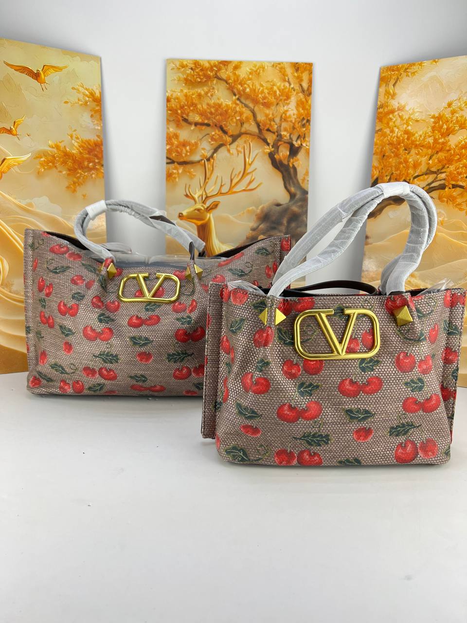 VALENTINO Cherry Print Monogram Tote Bag with Gold V-Logo