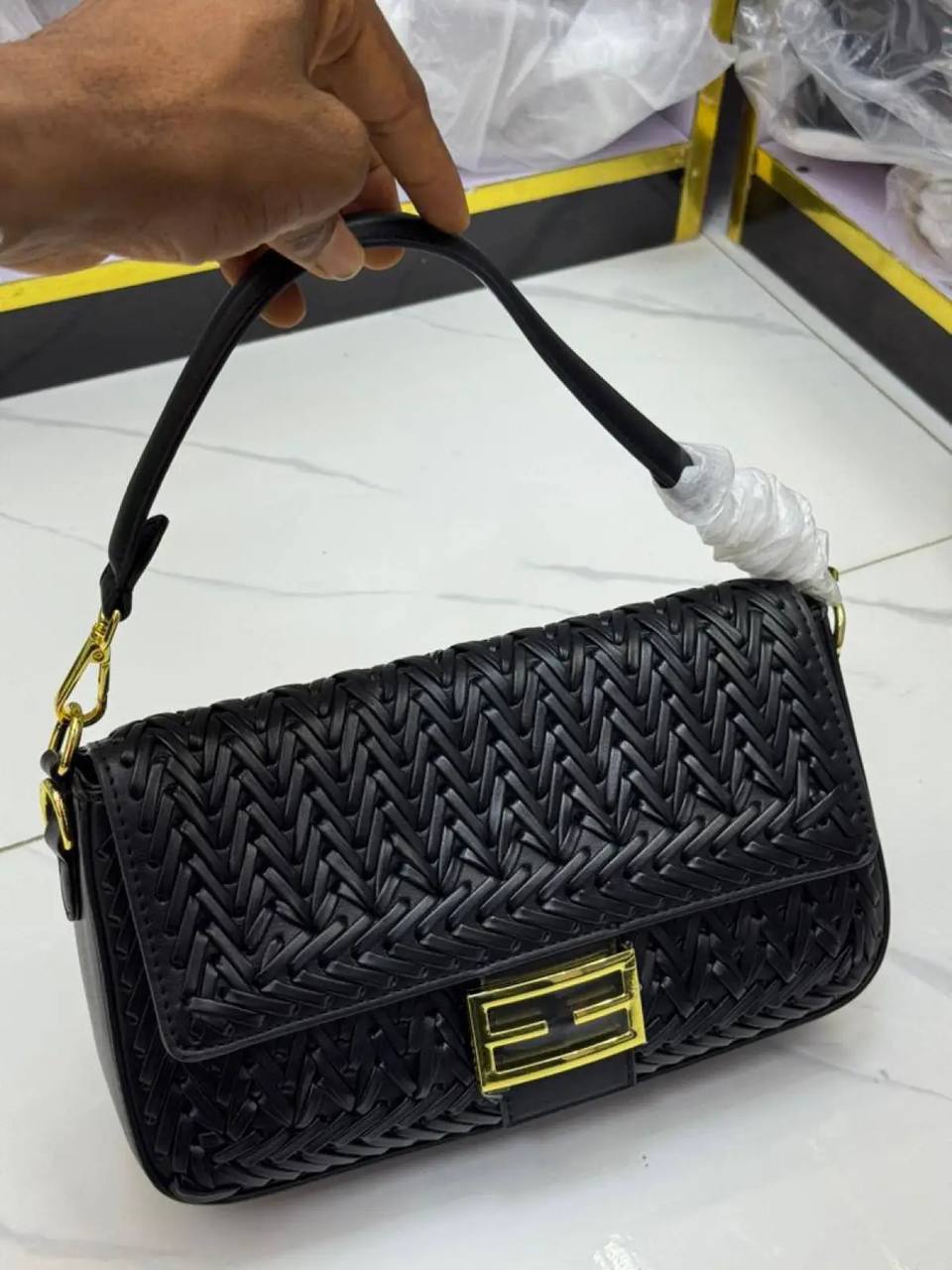 Baguette FF Woven-Leather Shoulder Bag