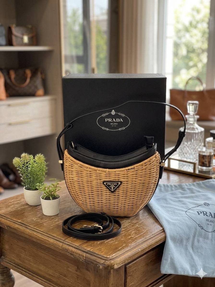 Crescent-Shaped Wicker Shoulder Bag