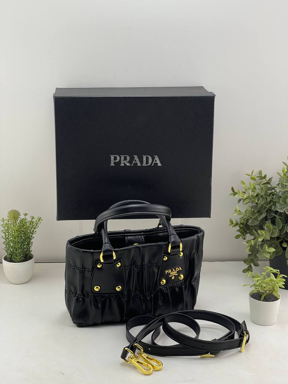 Prada Ruched Leather Tote Bag