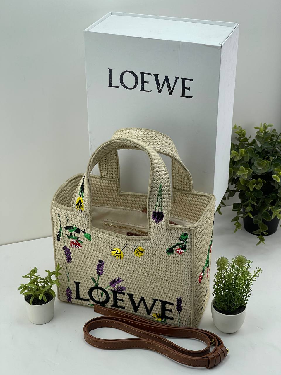 LOEWE Font Tote in Raffia with Floral Embroidery