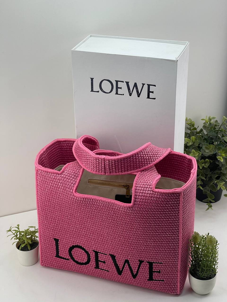 Loewe Font Tote Bag (Woven Raffia/Textile)