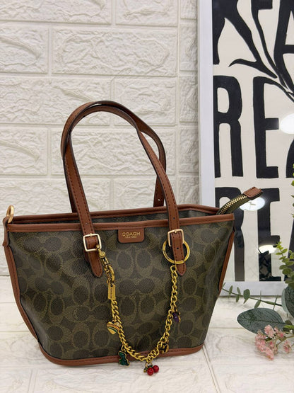 COACH Signature Canvas City Tote with Removable Pouch & Decorative Charm Chain