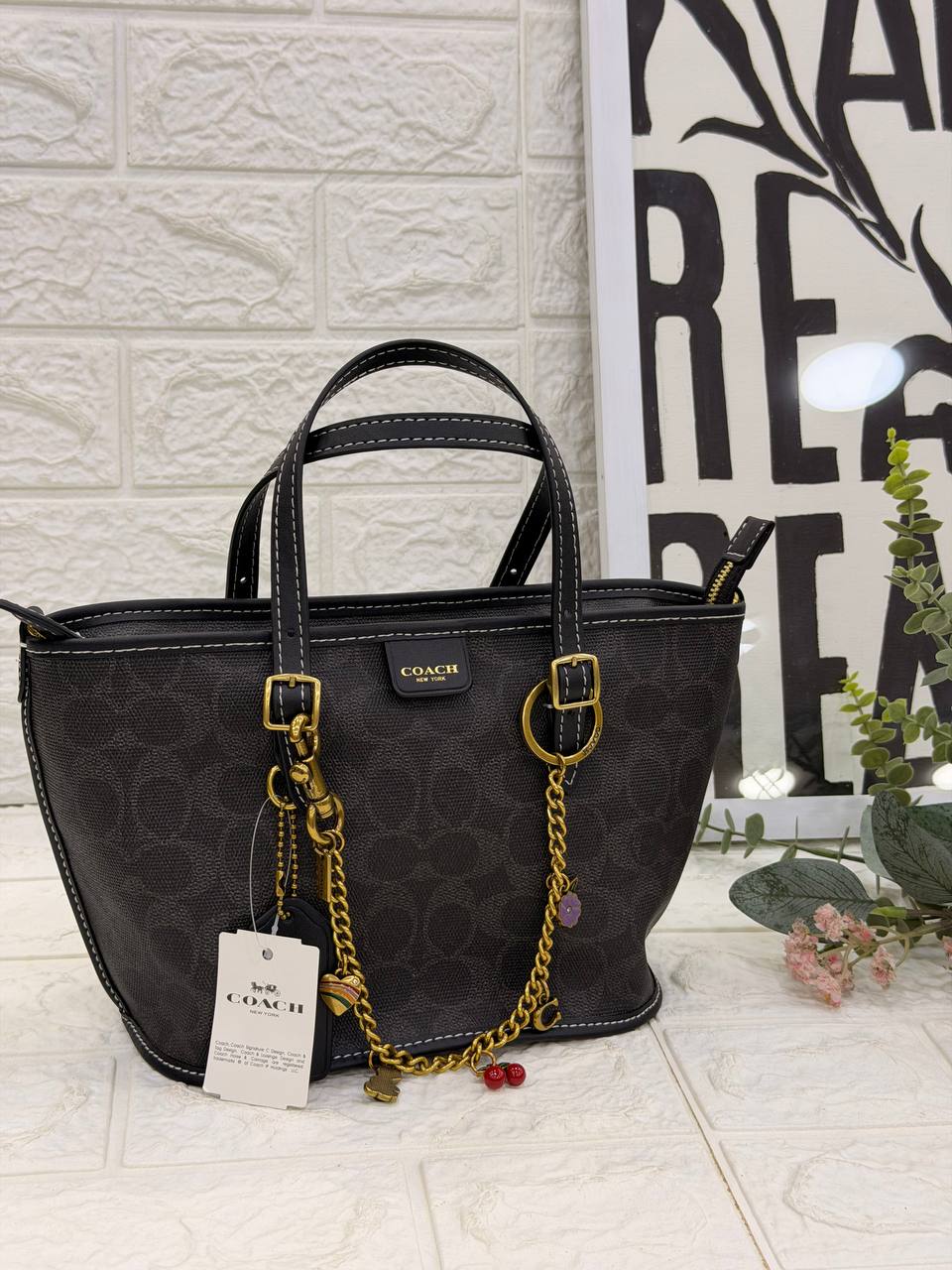 COACH Signature Canvas City Tote with Removable Pouch & Decorative Charm Chain