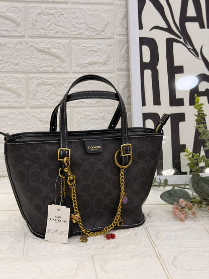 COACH Signature Canvas City Tote with Removable Pouch & Decorative Charm Chain