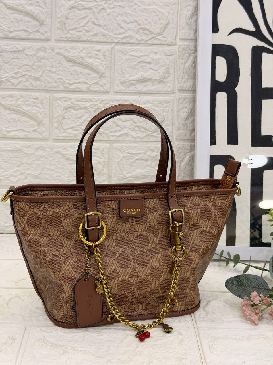COACH Signature Canvas City Tote with Removable Pouch & Decorative Charm Chain