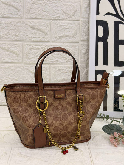 COACH Signature Canvas City Tote with Removable Pouch & Decorative Charm Chain