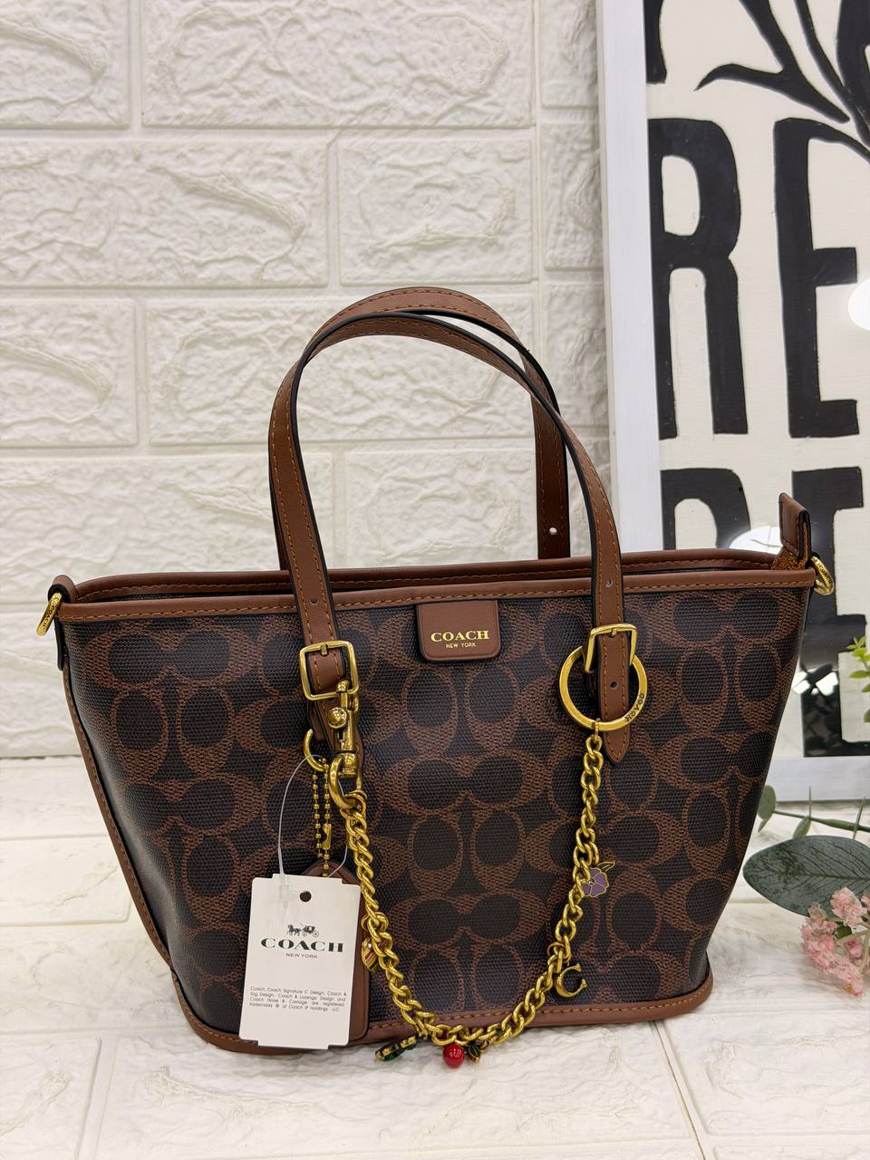 COACH Signature Canvas City Tote with Removable Pouch & Decorative Charm Chain