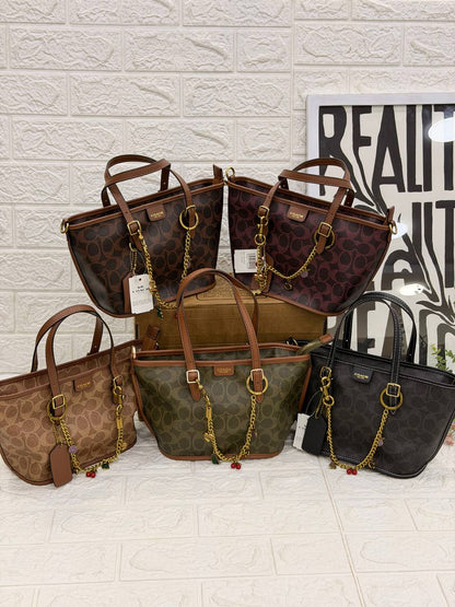 COACH Signature Canvas City Tote with Removable Pouch & Decorative Charm Chain