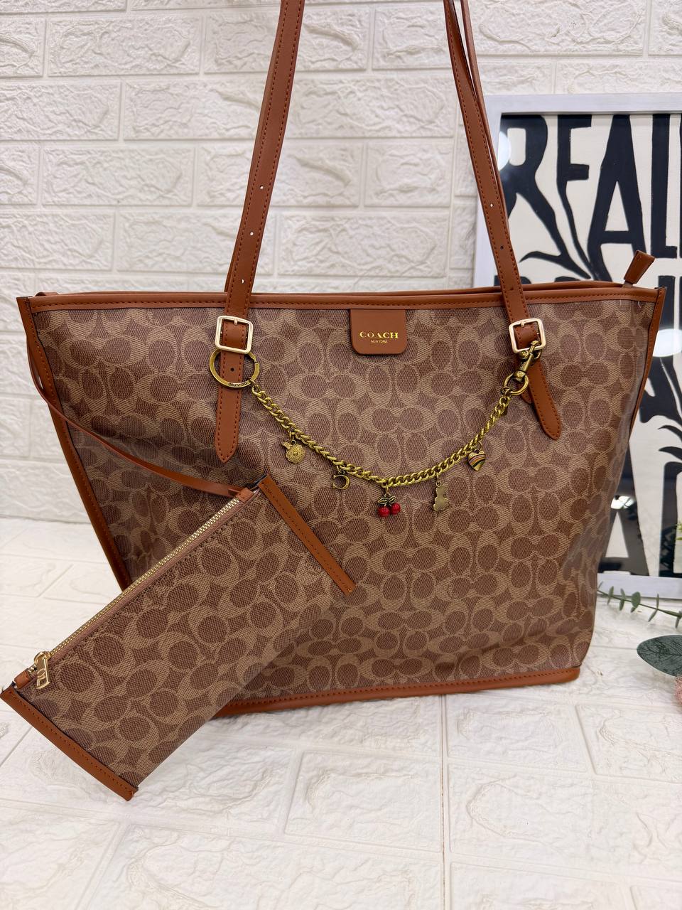 COACH Signature Canvas City Tote with Removable Pouch & Decorative Charm Chain