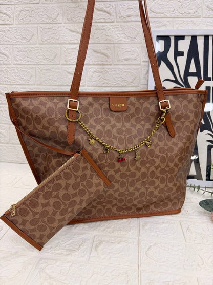 COACH Signature Canvas City Tote with Removable Pouch & Decorative Charm Chain