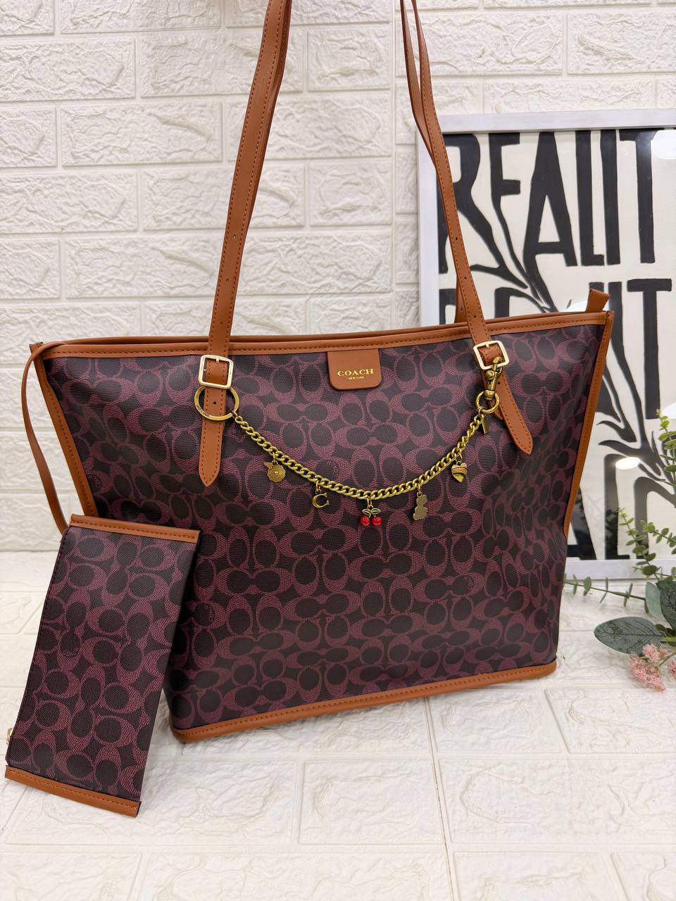 COACH Signature Canvas City Tote with Removable Pouch & Decorative Charm Chain