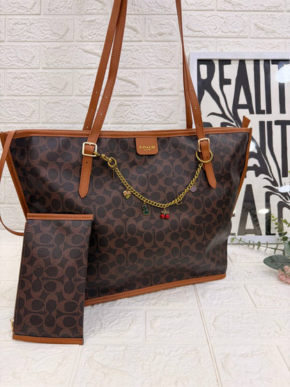 COACH Signature Canvas City Tote with Removable Pouch & Decorative Charm Chain