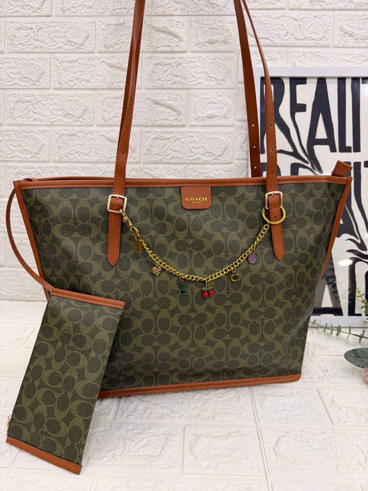 COACH Signature Canvas City Tote with Removable Pouch & Decorative Charm Chain