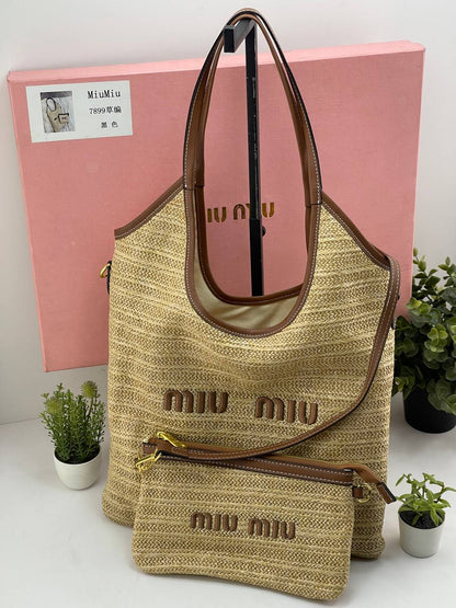 Miu Miu Woven Raffia & Leather Tote Bag Set