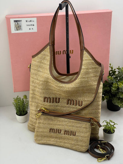 Miu Miu Woven Raffia & Leather Tote Bag Set