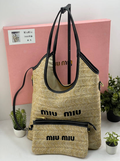 Miu Miu Woven Raffia & Leather Tote Bag Set