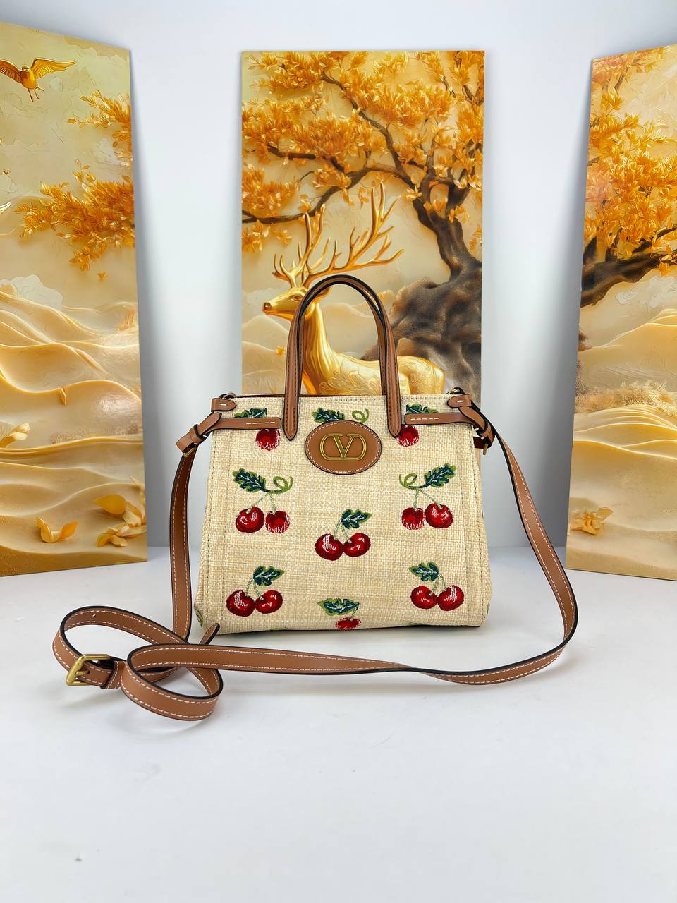 VALENTINO Charming Cherry Embroidered Woven Raffia Handbag with Leather