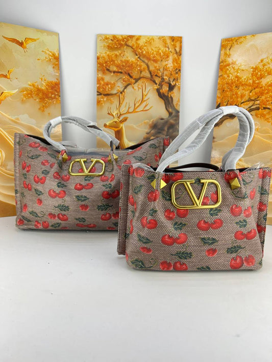 VALENTINO Cherry Print Monogram Tote Bag with Gold V-Logo