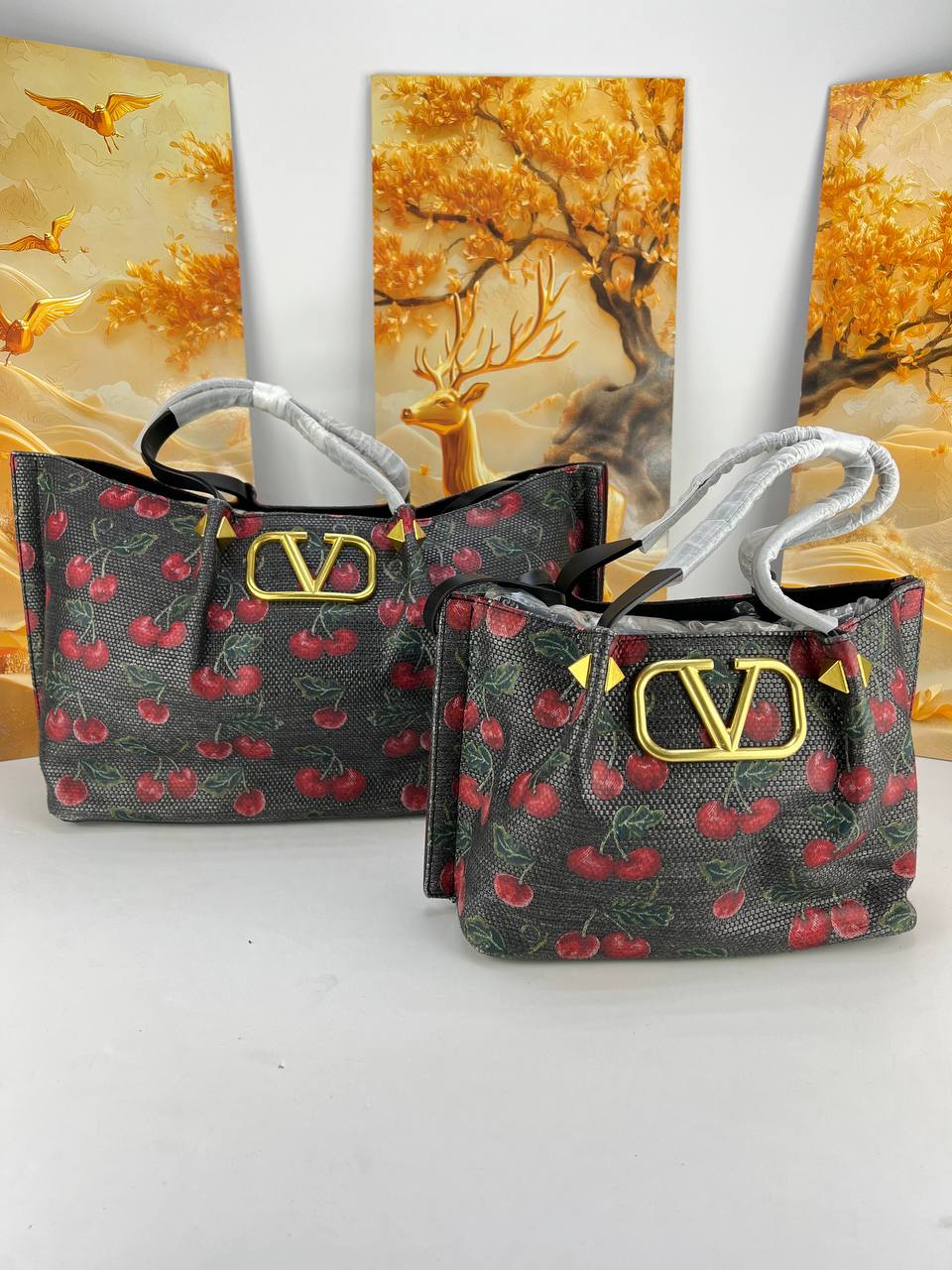 VALENTINO Elegant Cherry Print Tote Bag with Signature Gold Hardware