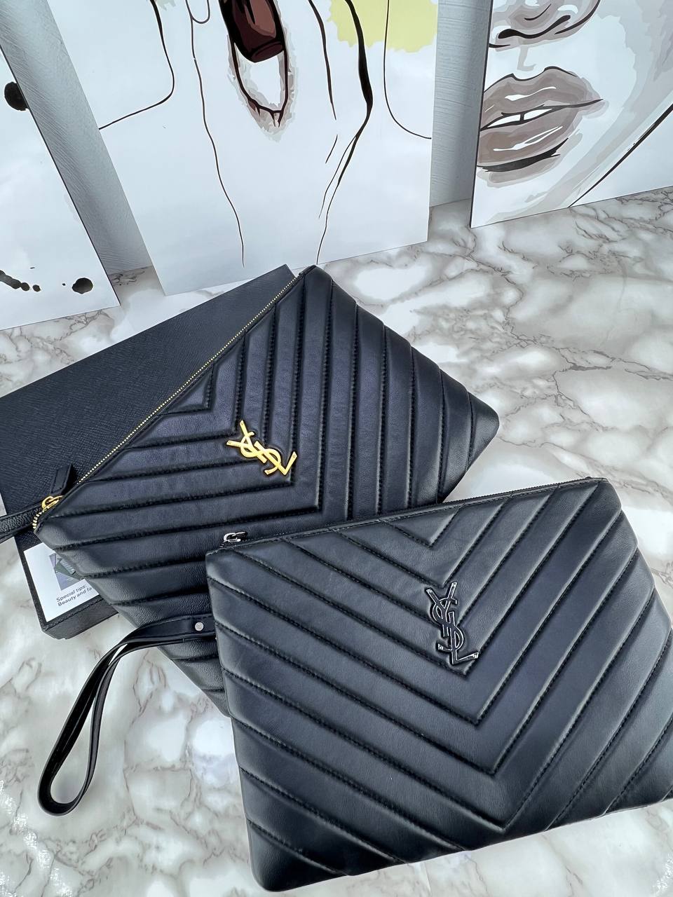 YSL 🎁Luxury Chevron Quilted Leather Pouch