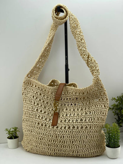 Chic Crochet Raffia Tote Bag with Leather Accent