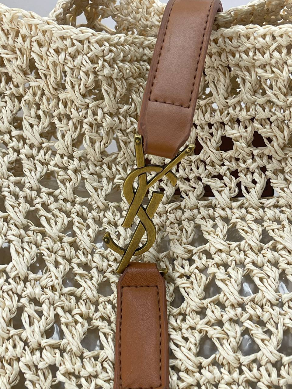 Chic Crochet Raffia Tote Bag with Leather Accent