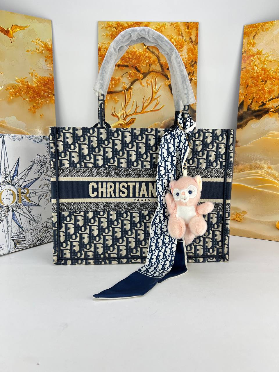 Christian Dior Oblique Book Tote Bag with Twilly Scarf & Plush Charm