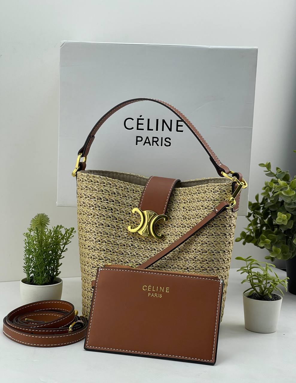 Céline Triomphe Raffia Bucket Bag