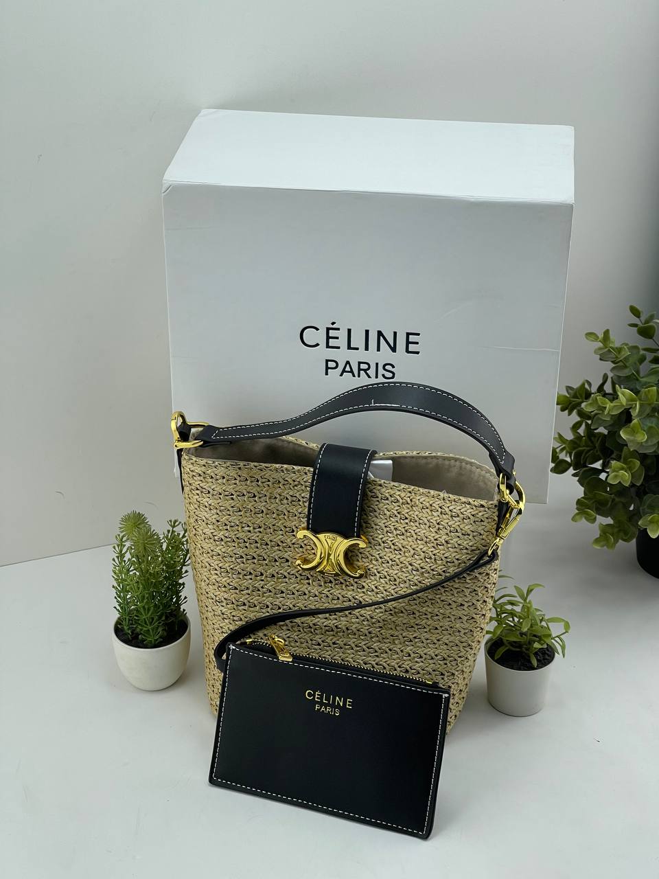 Céline Triomphe Raffia Bucket Bag