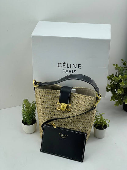 Céline Triomphe Raffia Bucket Bag