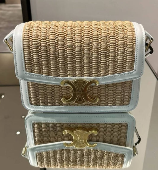 Celine Teen Triomphe Bag in Raffia and Calfskin