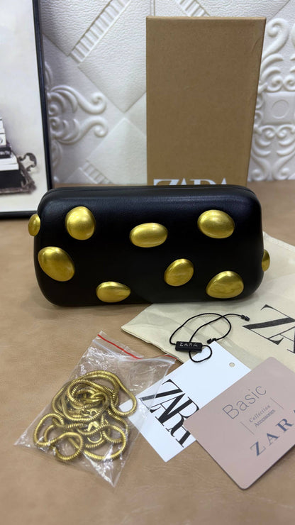 Zara Black Box Clutch with Gold Studs