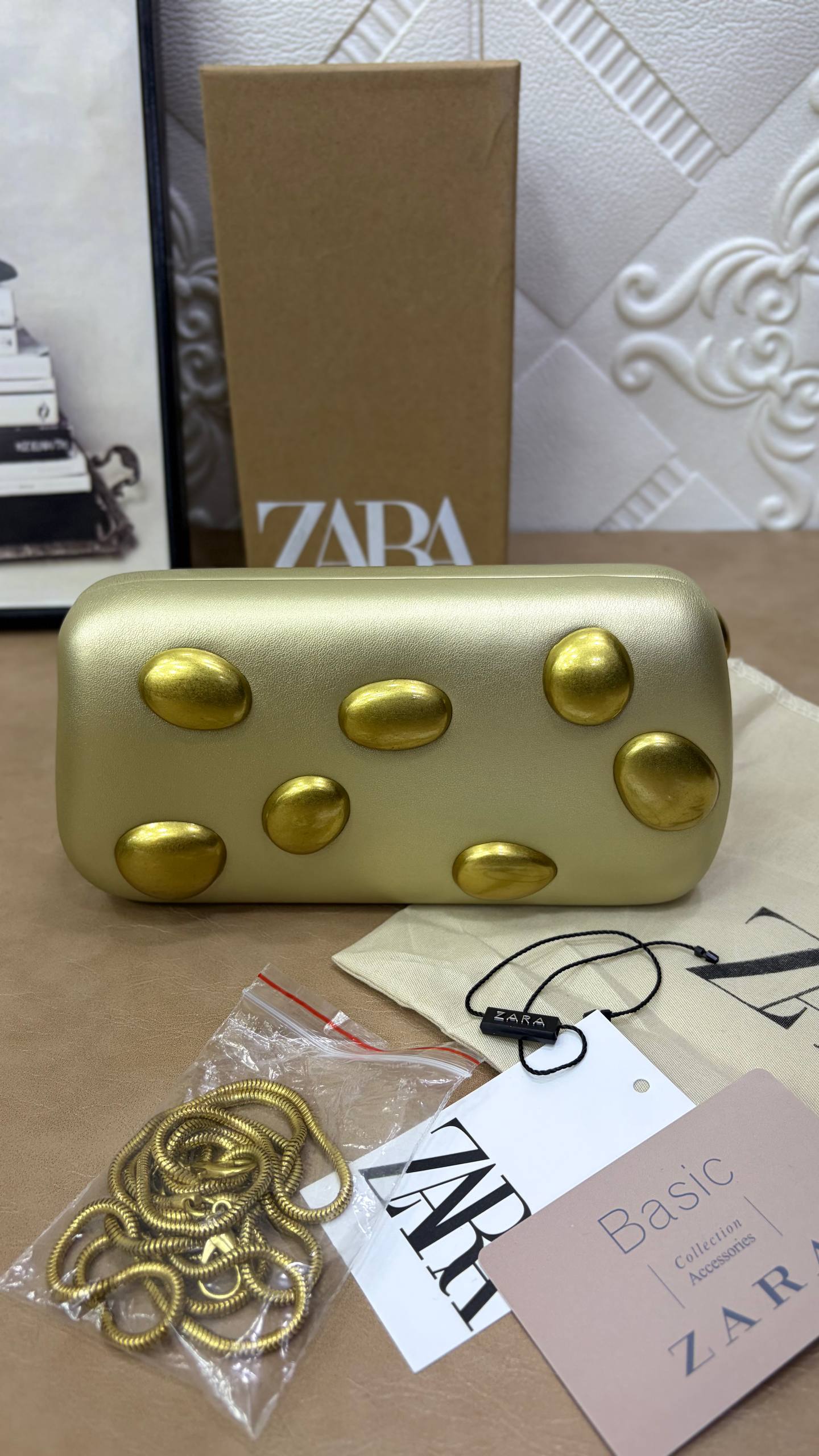 Zara Black Box Clutch with Gold Studs