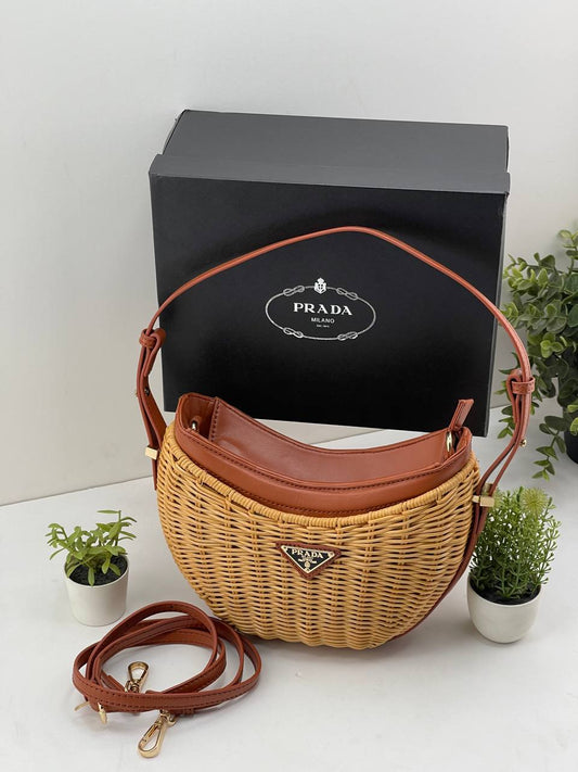 Crescent-Shaped Wicker Shoulder Bag
