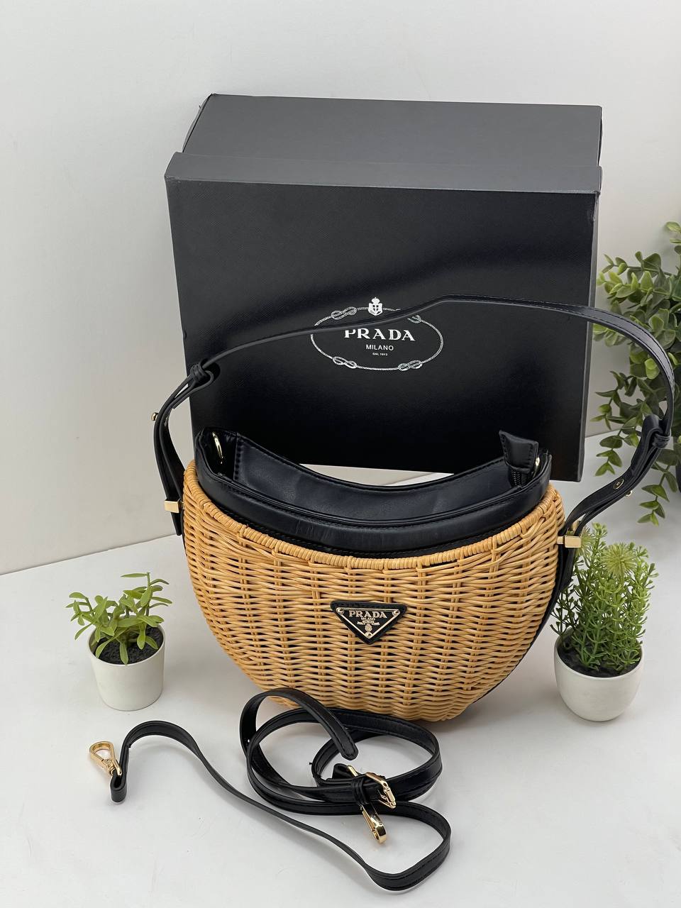 Crescent-Shaped Wicker Shoulder Bag