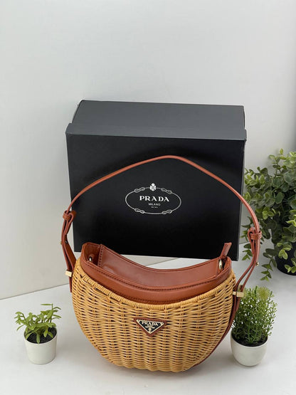 Crescent-Shaped Wicker Shoulder Bag
