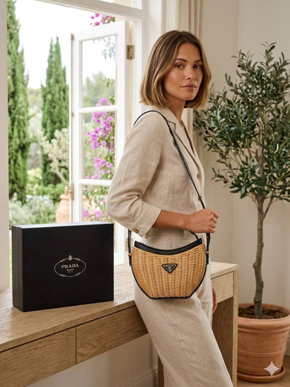 Crescent-Shaped Wicker Shoulder Bag