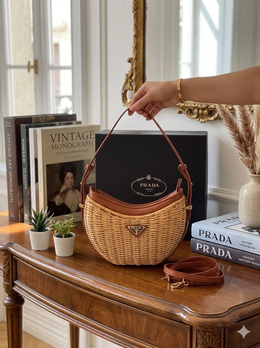 Crescent-Shaped Wicker Shoulder Bag