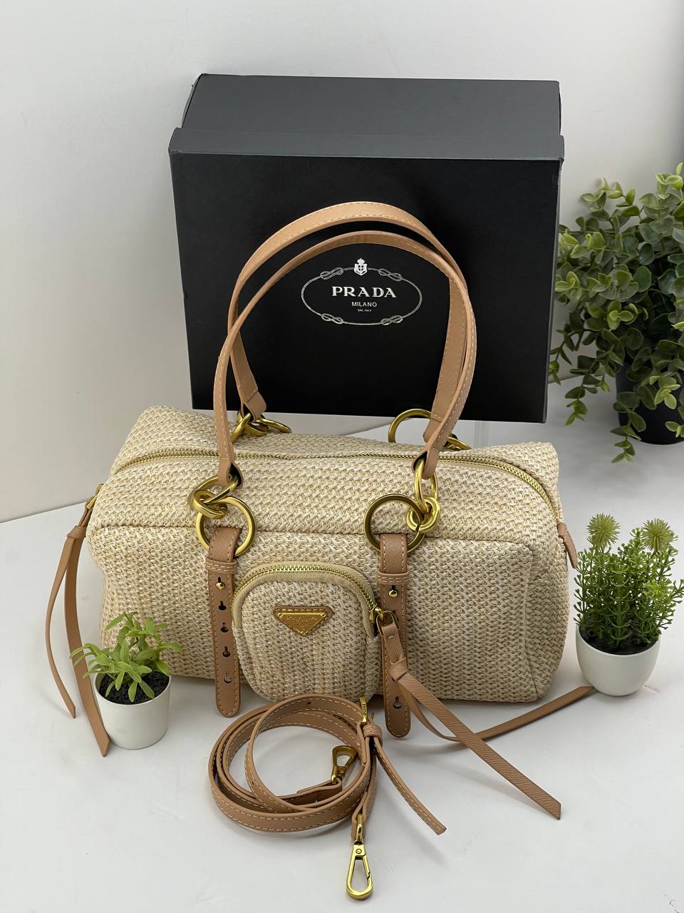 Prada Raffia and Leather Shoulder Bag / Top Handle Bag