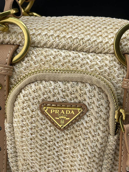 Prada Raffia and Leather Shoulder Bag / Top Handle Bag
