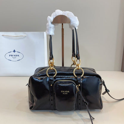 Prada Vintage-Effect Crinkled Leather Top-Handle Bag