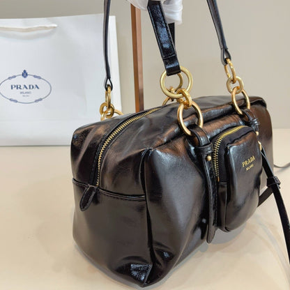Prada Vintage-Effect Crinkled Leather Top-Handle Bag