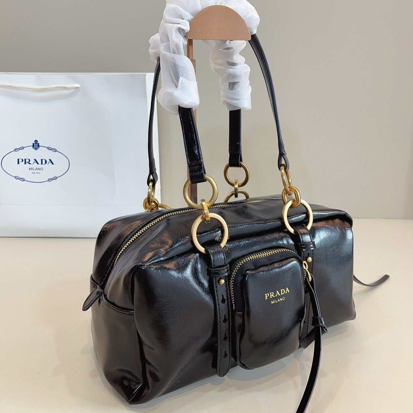Prada Vintage-Effect Crinkled Leather Top-Handle Bag