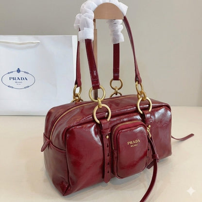 Prada Vintage-Effect Crinkled Leather Top-Handle Bag