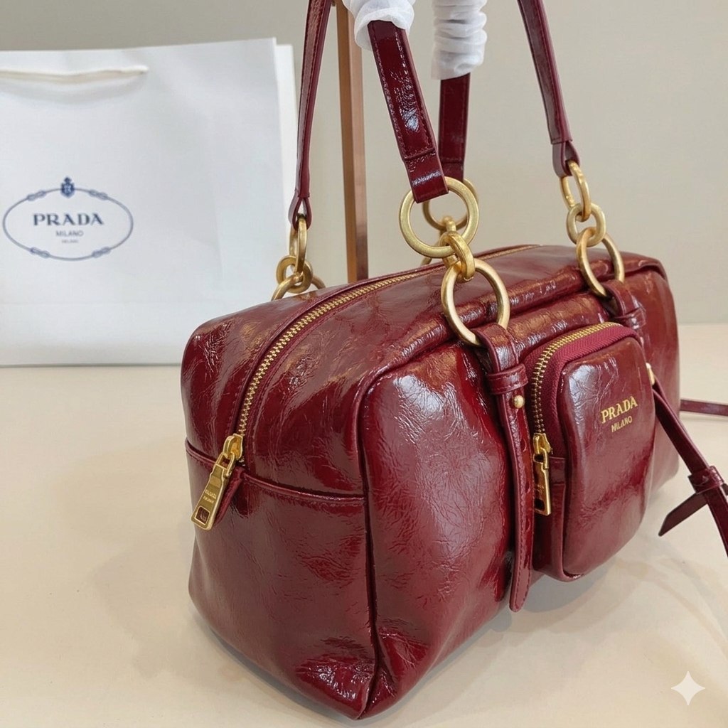 Prada Vintage-Effect Crinkled Leather Top-Handle Bag