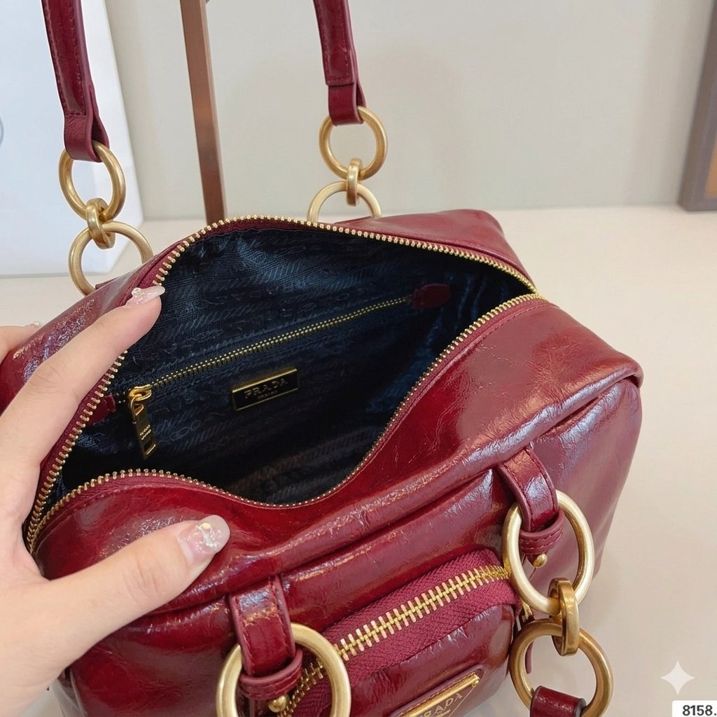 Prada Vintage-Effect Crinkled Leather Top-Handle Bag