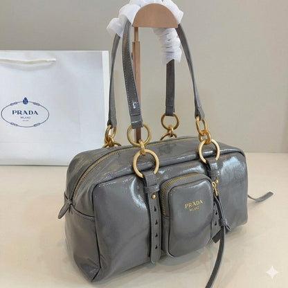 Prada Vintage-Effect Crinkled Leather Top-Handle Bag