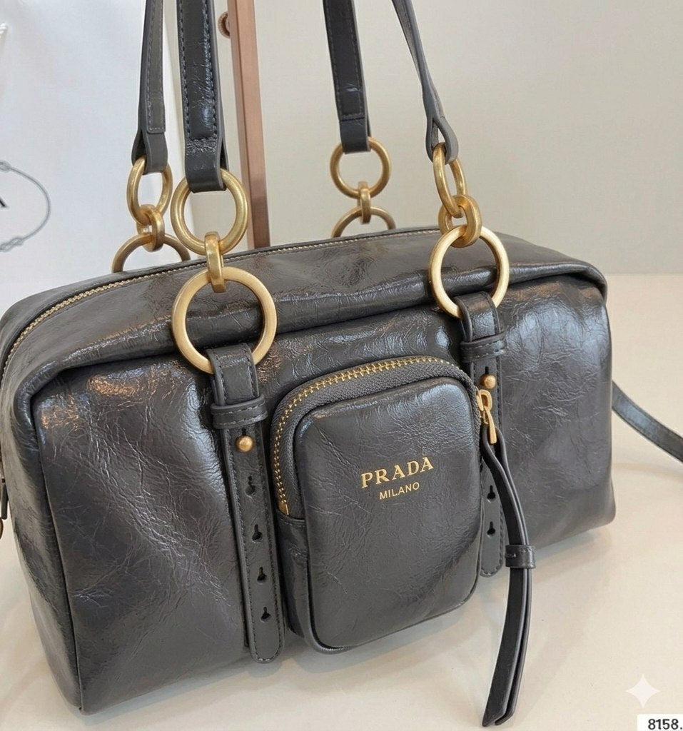 Prada Vintage-Effect Crinkled Leather Top-Handle Bag