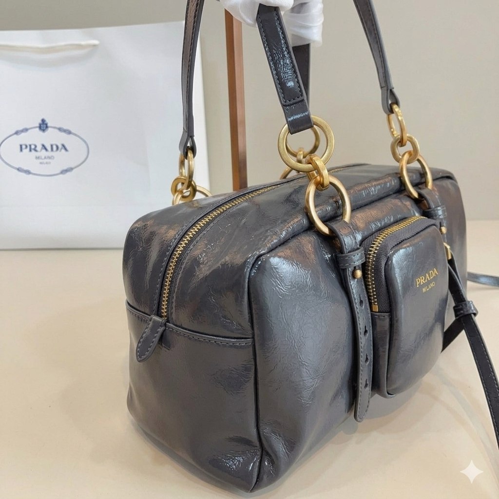 Prada Vintage-Effect Crinkled Leather Top-Handle Bag